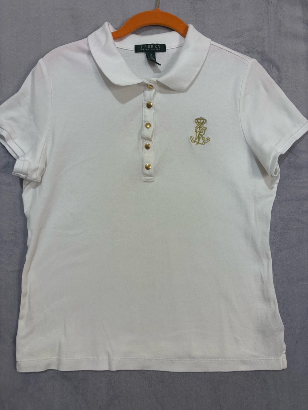 Lauren Ralph Lauren White Polo Shirt Gold Crown Crest Metallic Buttons Large